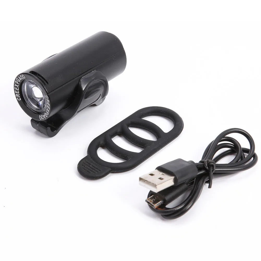Black USB rechargeable bicycle front light with 350 lumen output for road and mountain bikes