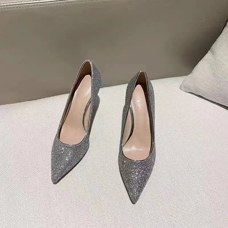 Women's wedding shoes with PU upper in black and silver, heel heights 3cm 7cm 9cm, sizes 34-40