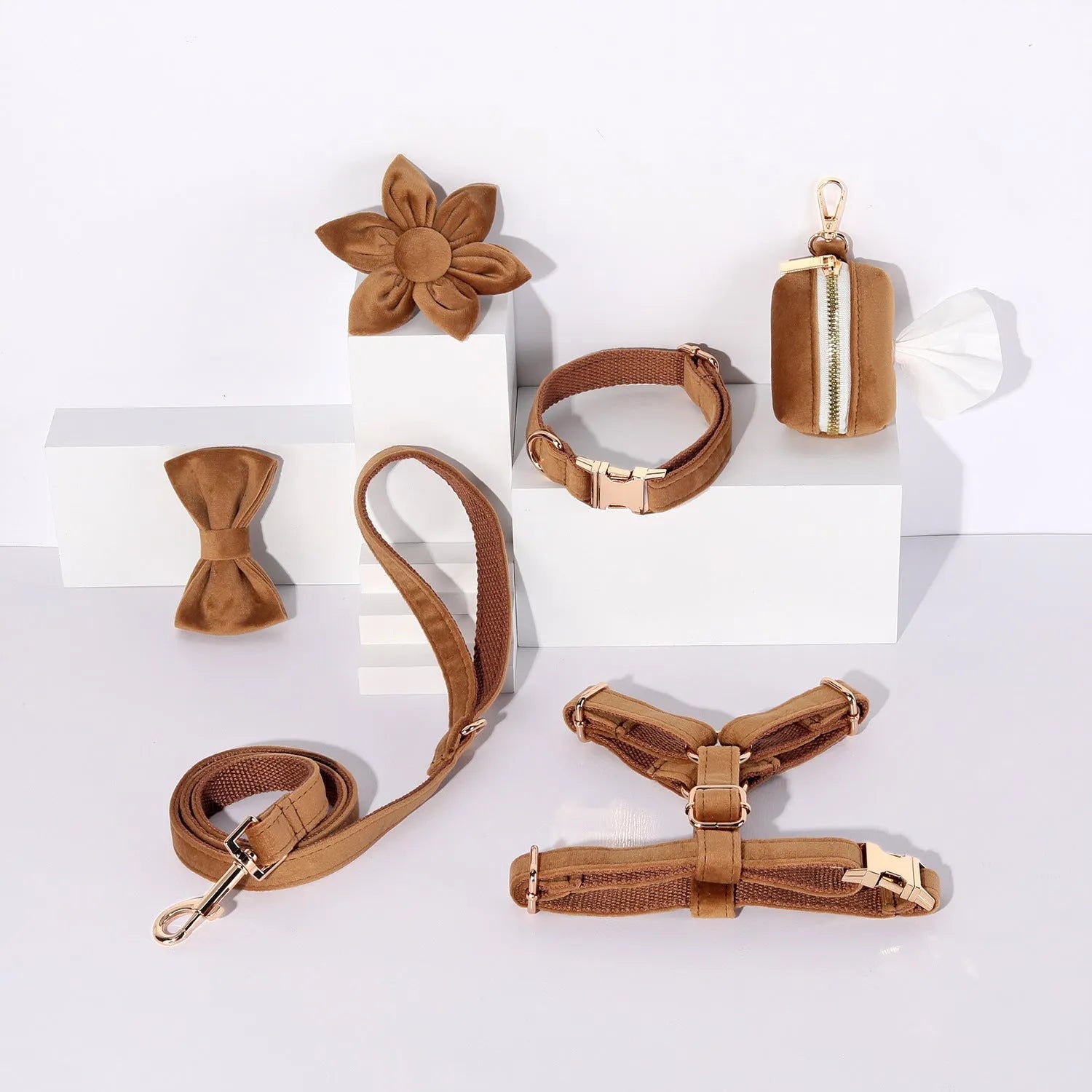 Classic velvet pet collar traction rope set with bow tie decoration and adjustable chest strap