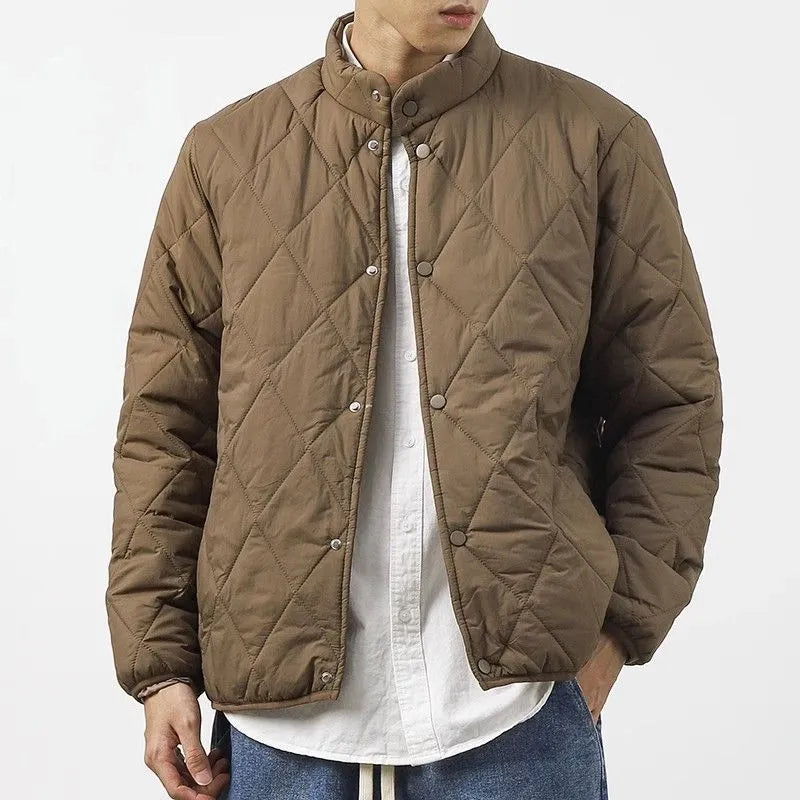 Men's black winter padded jacket with diamond lattice quilting and lengthened 100cm cut