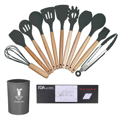 Wooden handle silicone cooking utensils set with 12 tools including spatula, whisk and food tongs in organiser barrel