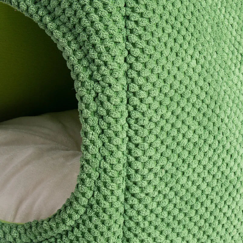 Dark green enclosed cat cave pet bed with plush interior for kittens and dogs