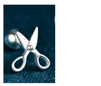 S999 pure silver screw-style earrings with miniature scissors design, 1.5 cm by 0.8 cm