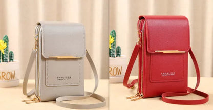 Women's messenger touch screen phone bag in solid colors with diamond decorative elements