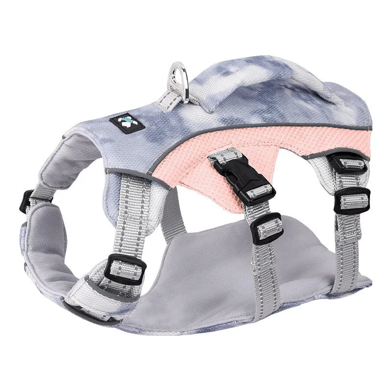 Reflective pet cooling chest strap in light blue, adjustable for dogs, with reflective strips for safety.