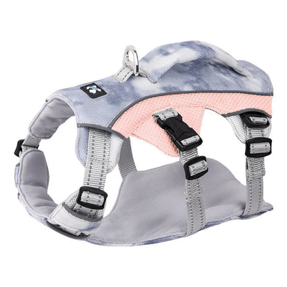 Reflective pet cooling chest strap in light blue, adjustable for dogs, with reflective strips for safety.