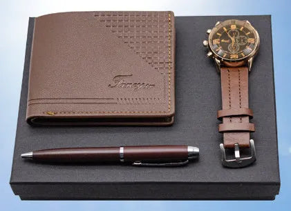 Creative Holiday Gift Wallet Pen Watch Set in brown or black with OPP gift box, showing wallet, pen, and watch for business and personal gifting
