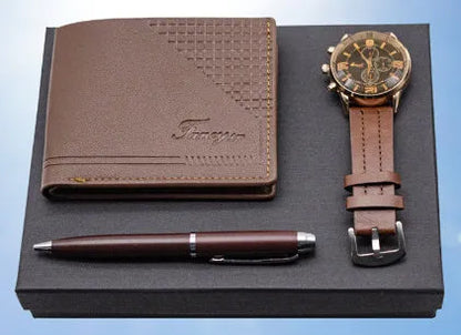 Creative Holiday Gift Wallet Pen Watch Set in brown or black with OPP gift box, showing wallet, pen, and watch for business and personal gifting