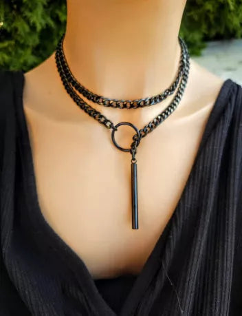 Stainless steel lariat heart necklace with heavy ring and Cuban chain in multiple finishes