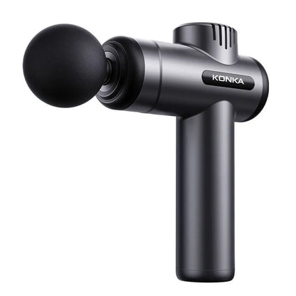 Konka V19 massage gun in grey colour with 8 silicone massage heads and charging wire