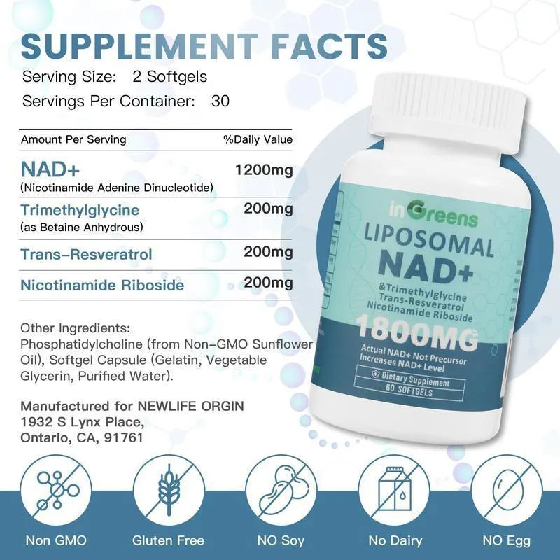 Bottle of nicotinamide mononucleotide gel supplement capsules showing 60 or 120 piece count options