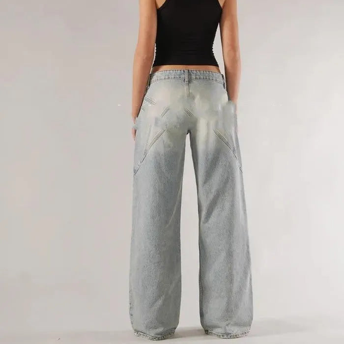 Women's blue cotton loose straight wide leg mop trousers with low waist
