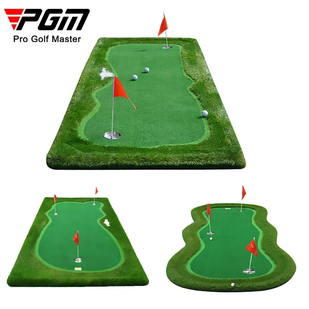 Green artificial turf putting mat measuring 1.5 by 3 metres for indoor golf practice