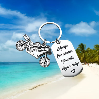Stainless steel minimalist motorcycle keychain in a flannel gift bag.