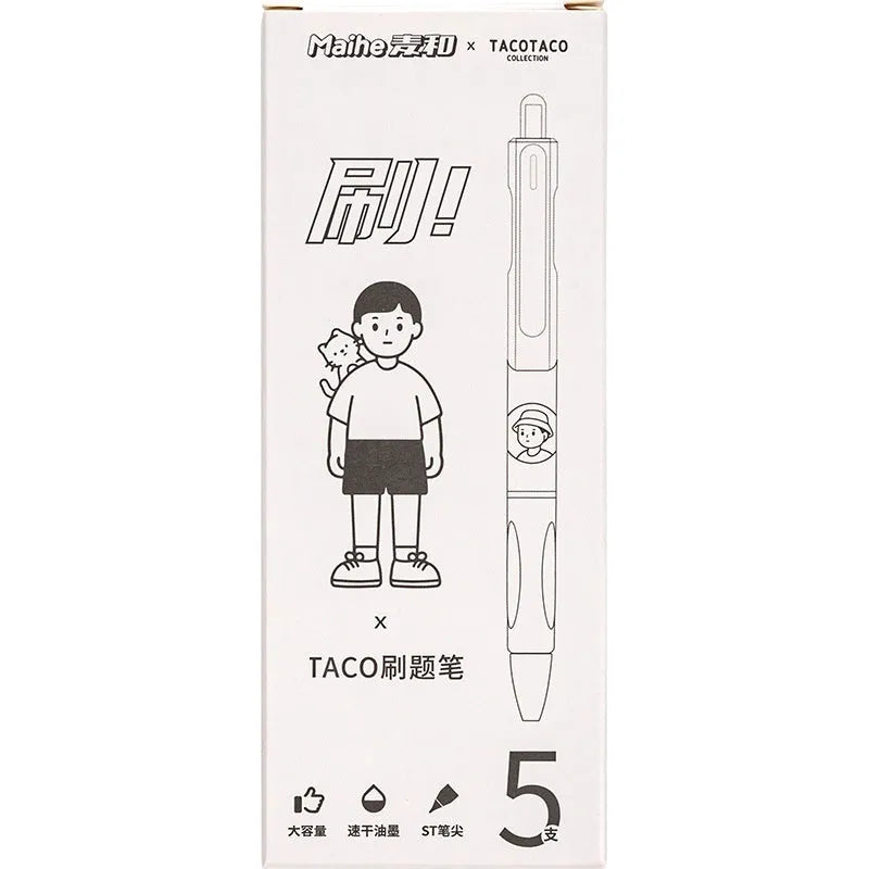 Five Taco series 0.5mm black ballpoint pens with quick-drying ink, plastic shells, suitable for exams and documents