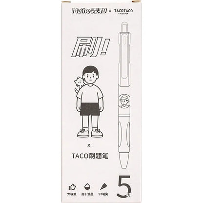 Five Taco series 0.5mm black ballpoint pens with quick-drying ink, plastic shells, suitable for exams and documents