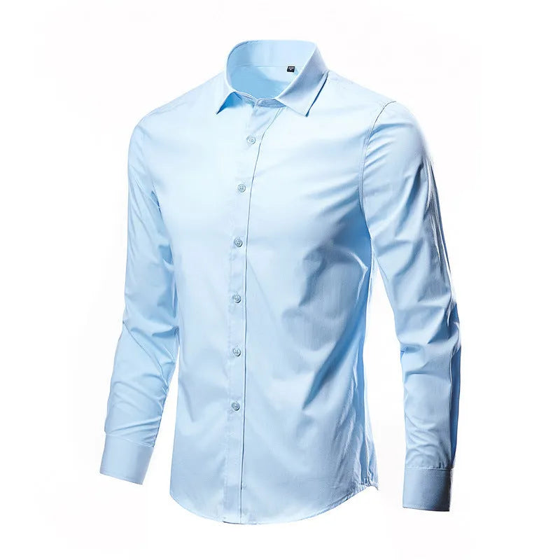 Long-sleeve linen shirt in various colours including black, brown, and navy blue, with loose fit and sizes up to 5XL
