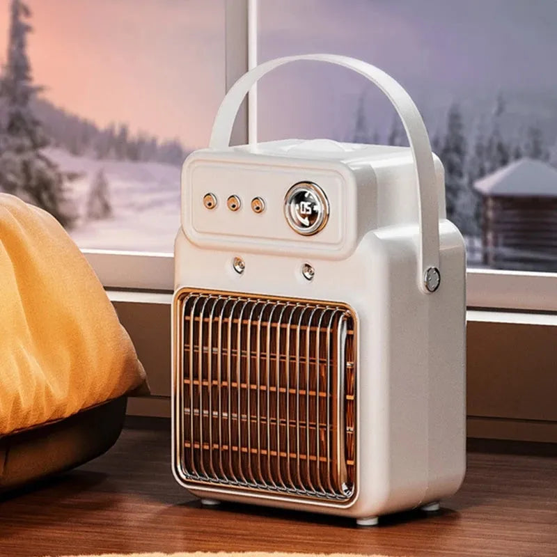 White compact table heater with humidifier function, control panel showing heat and fan settings.