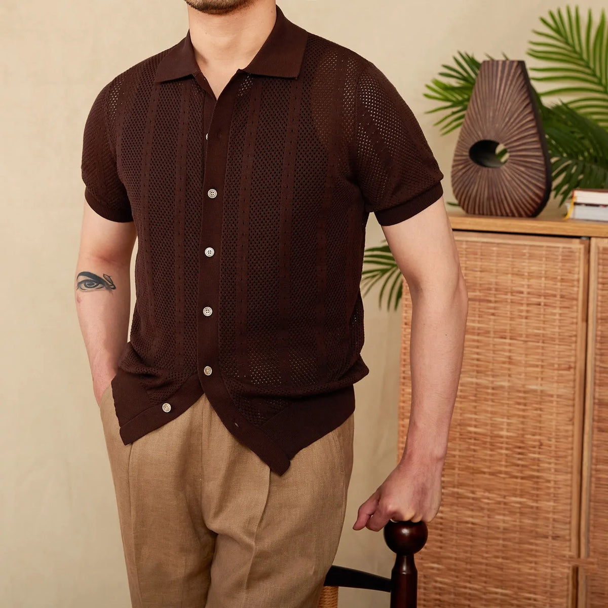 Men's creamy-white short sleeve lapel cardigan knitted casual shirt made from 100% cotton.