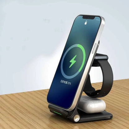 Sleek 3-in-1 wireless charging station with adjustable stand and foldable design for convenient desktop charging