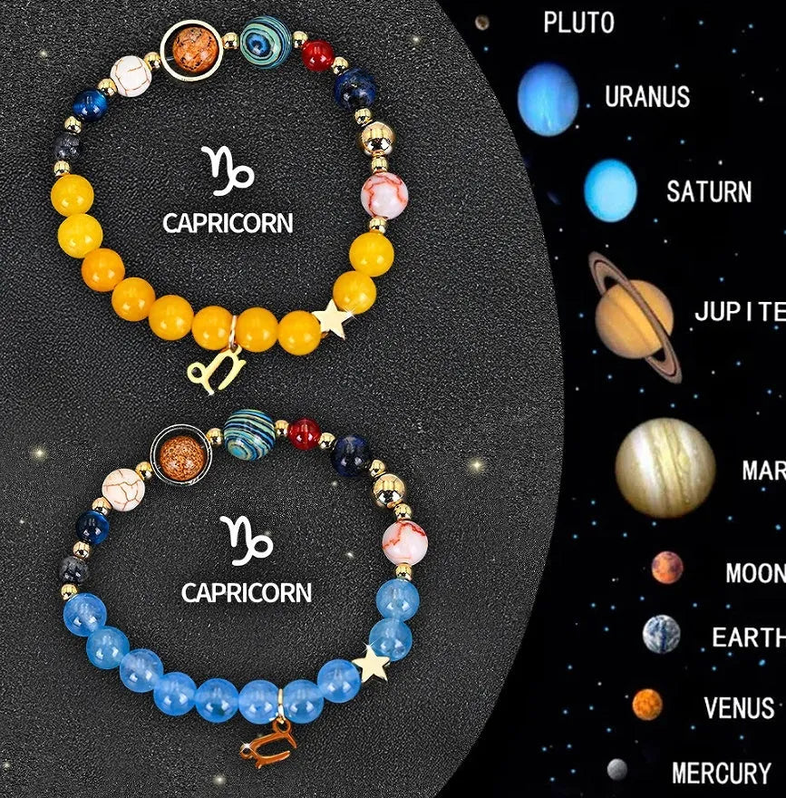 Twelve Zodiac Sign beaded bracelet set with natural stone beads on adjustable cord, showing two bracelets for mix-and-match styling.