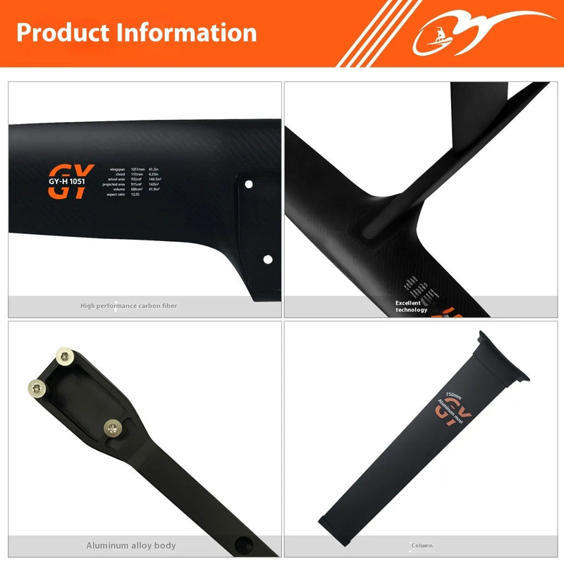 Carbon Fibre Racing Hydrofoil with 1051mm Front Wing for Unpowered Surfing Performance and Stability on Waves