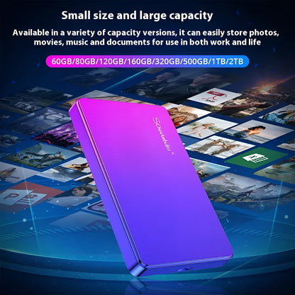 Purple 1TB external mobile hard drive, plastic shell, 12cm x 7.5cm x 1cm, with data cable and packing box