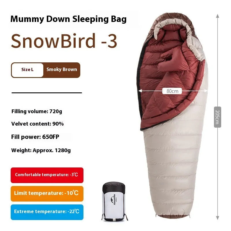 Mummy-style goose down sleeping bag with storage bag, available in 12 specifications from 350g to 1090g fill weight