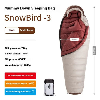 Mummy-style goose down sleeping bag with storage bag, available in 12 specifications from 350g to 1090g fill weight