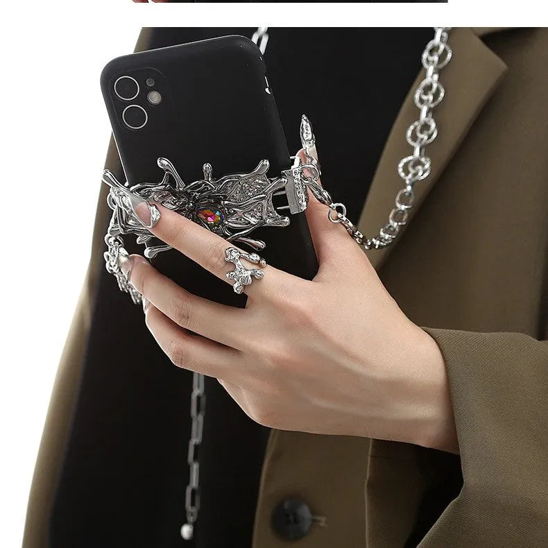 Spider Moonstone Metal Mobile Phone Charm Alloy Pendant with Electroplating and Butterfly Insect Pattern Silver K317563 for Phone Bag Keyring Decoration