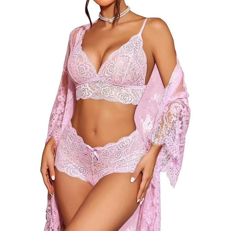 Ladies lace fabric underwear set with adjustable straps and decorative front bow detail