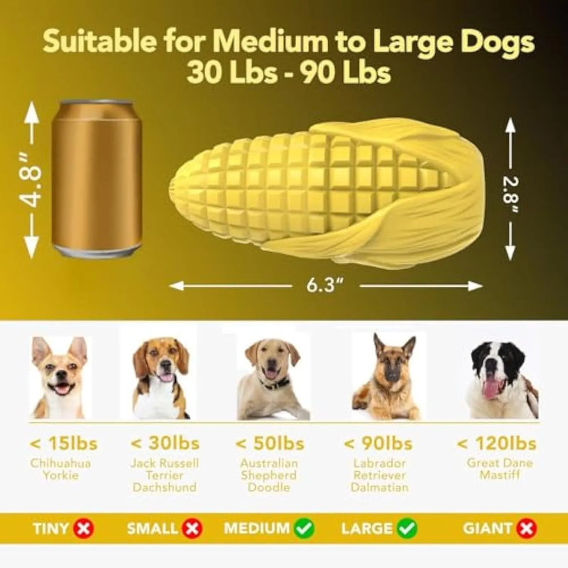 Durable dog chew toy for aggressive chewers designed as a corn stick shape with squeaker and bacon scent, made from food-grade material for medium and large breeds, featuring surface grooves for dental cleaning and treat holding