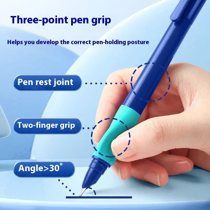 Student Posture Correction Pen with 15° angled grip and 0.5mm fine point in blue, green, purple, or orange
