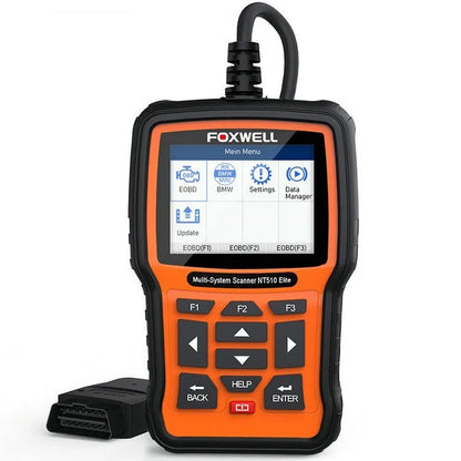 Foxwell NT510 automotive diagnostic tool with orange and black design, large TFT colour screen, and data cable for OBD scanning