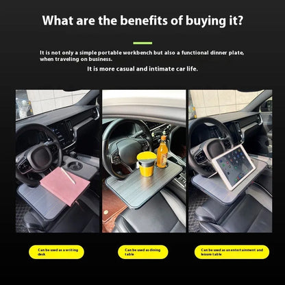 Black ABS plastic car steering wheel tray functioning as a laptop stand and dining table