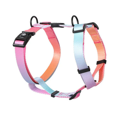 Polyester dog chest strap showing gradient colour pattern options in S, M, and L sizing