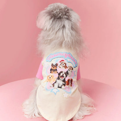 Cotton dog summer clothes with contrasting colour panels in embroidered red or pink options