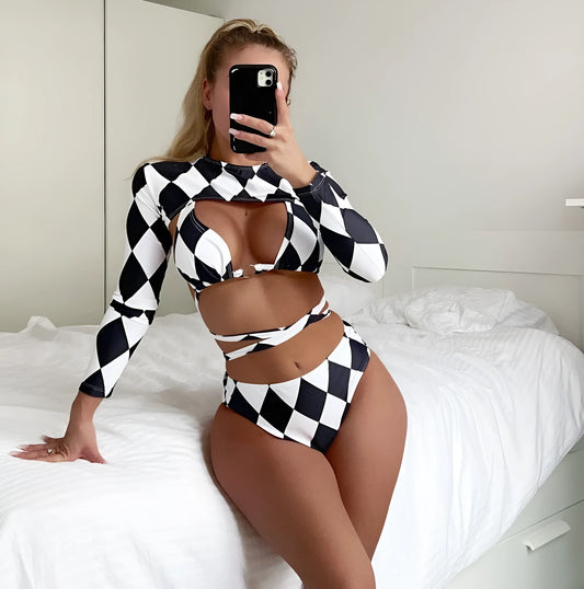 Ladies plaid pattern three-piece swimsuit set with long sleeves