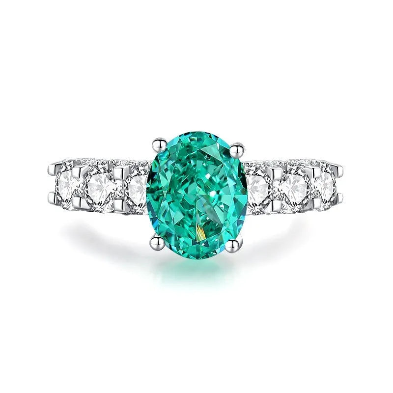 S925 silver emerald ring with palaibahao inlaid high carbon diamond, geometric design with elliptical elements