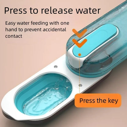Blue portable pet water bottle with foldable silicone drinking bowl extended.