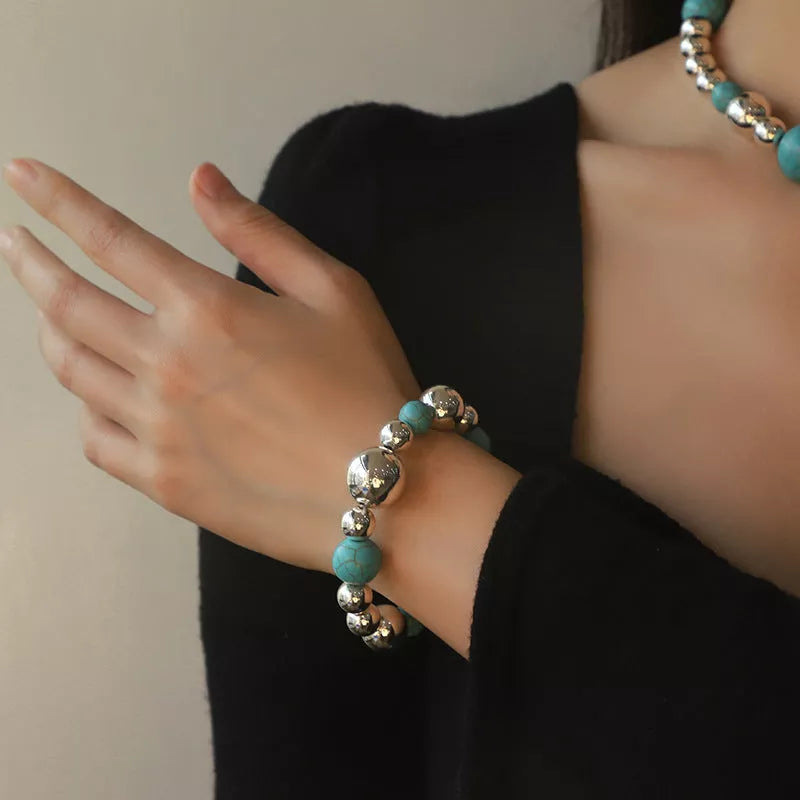 Turquoise beaded necklace and bracelet set for women, European and American style