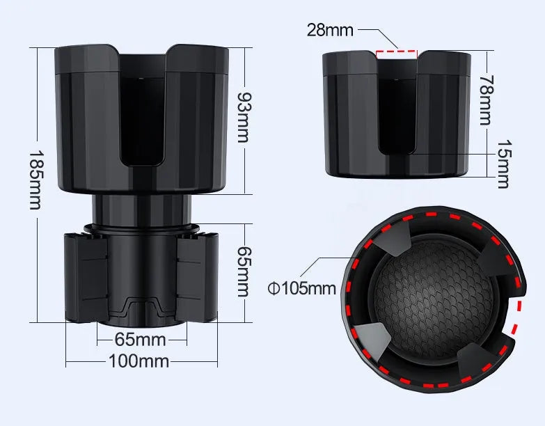 Matte black car cup holder expander with adjustable base for oversized bottles up to 12cm diameter