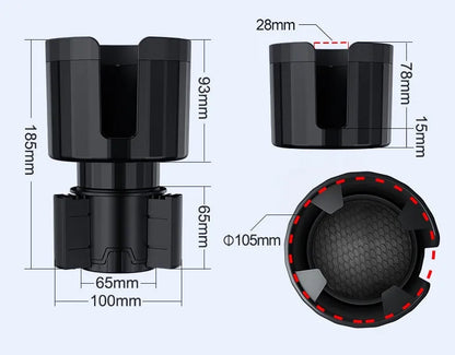 Matte black car cup holder expander with adjustable base for oversized bottles up to 12cm diameter