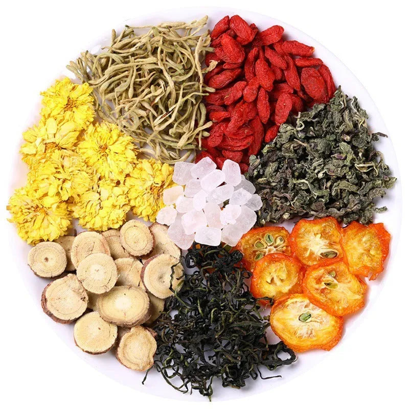 Honeysuckle chrysanthemum herbal tea boxes showing different packaging options with tea cup gifts