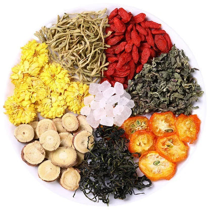 Honeysuckle chrysanthemum herbal tea boxes showing different packaging options with tea cup gifts