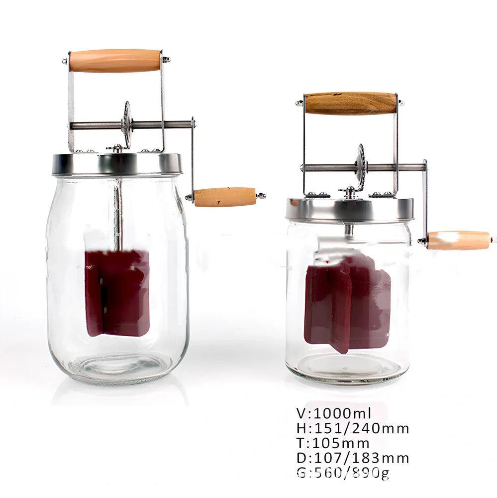 Food grade glass blender with high white glass container showing 1500ml and 1000ml capacity options