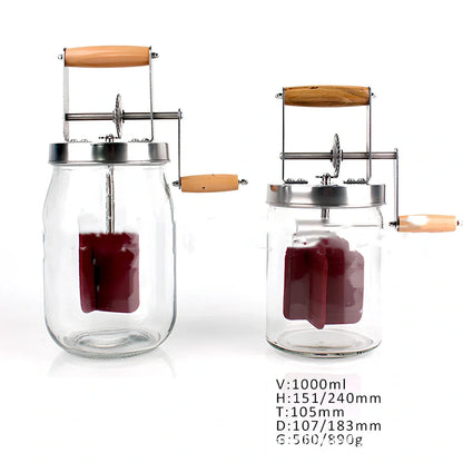 Food grade glass blender with high white glass container showing 1500ml and 1000ml capacity options