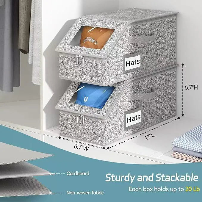 Grey foldable woven fabric storage box with dimensions 42cm by 22cm by 17cm for organising caps and sundries.