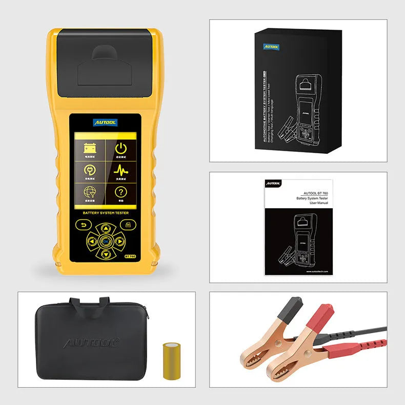Autool BT760 vehicle battery tester with colour screen, clips, and thermal printer for 12V/24V diagnostics