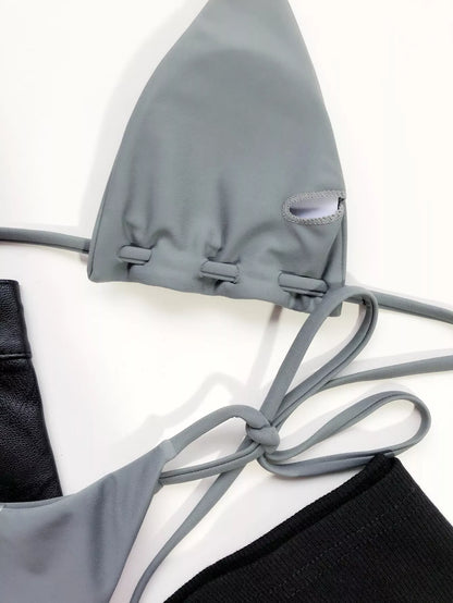 Grey nylon triangle bag swimsuit wear with rope lanyard for beach and hot spring